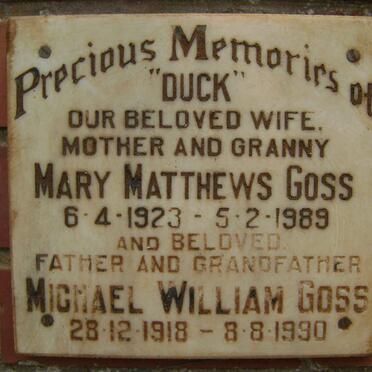 GOSS Michael William 1918-1990 &amp; Mary Matthews 1923-1989