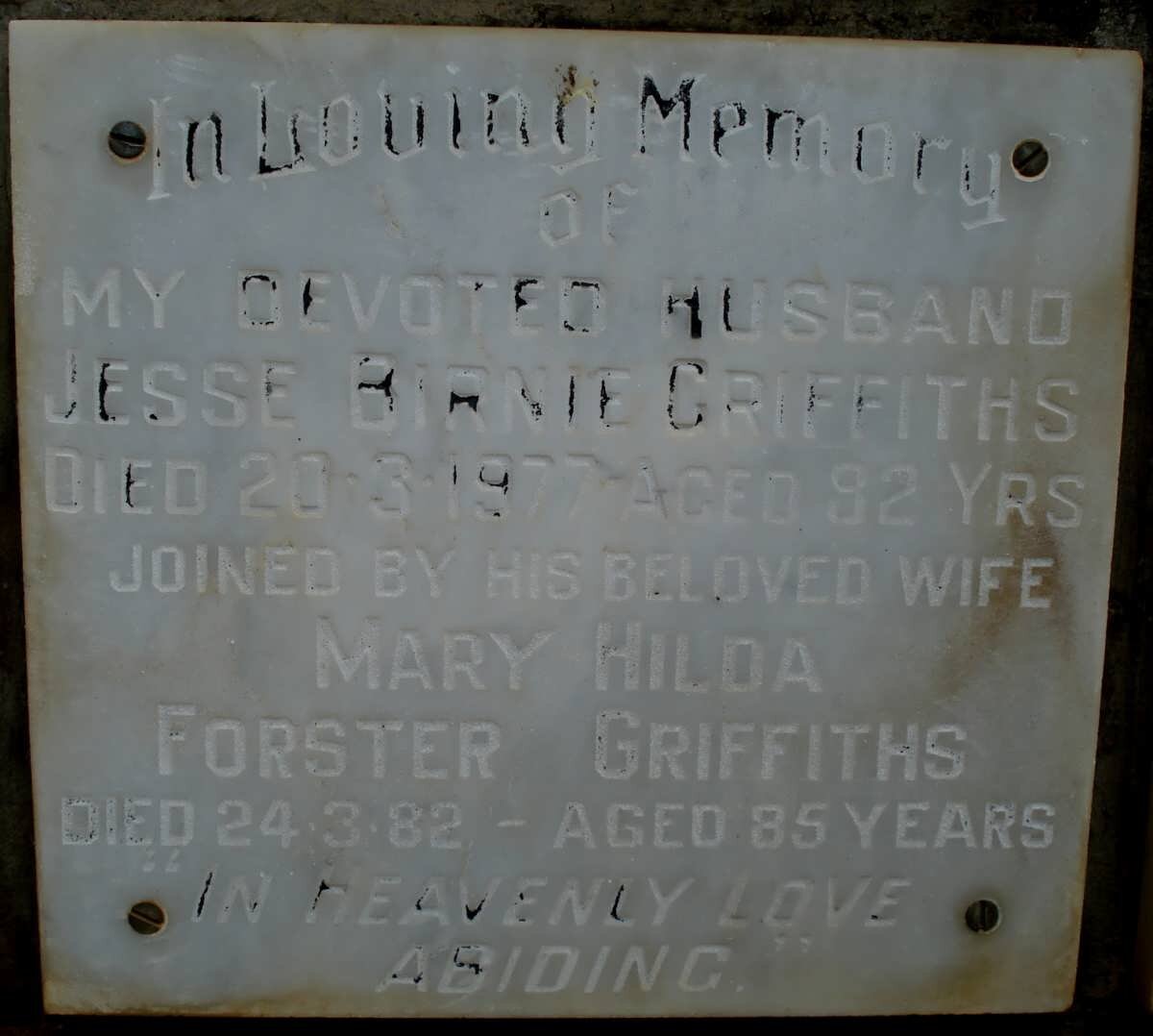 GRIFFITHS Jesse Birnie -1977 &amp; Mary Hilda Forster -1982