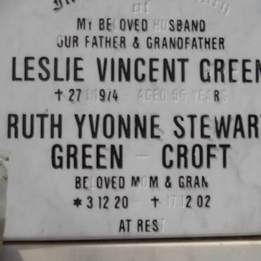 GREEN Leslie Vincent -1974 &amp; Ruth Yvonne STEWART nee CROFT 1920-2002