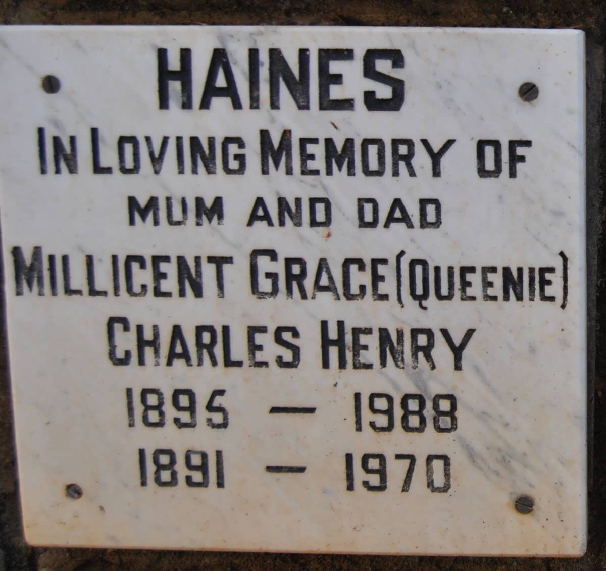 HAINES Charles Henry 1891-1970 &amp; Millicent Grace 1895-1988