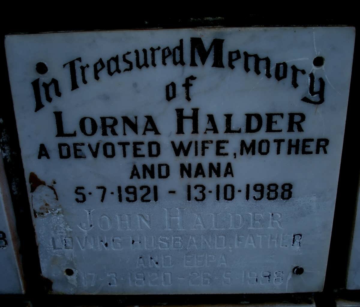 HALDER John 1920-1998 &amp; Lorna 1921-1988