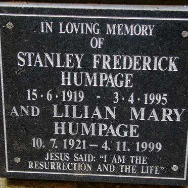 HUMPAGE Stanley Frederick 1919-1995 &amp; Lilian Mary 1921-1999