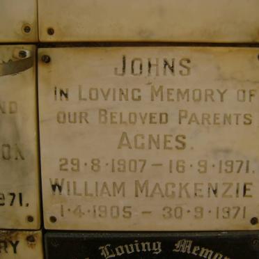 JOHNS William Mackenzie 1905-1971 &amp; Agnes 1907-1971