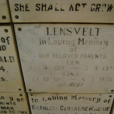 LENSVELT Len 1911-1974 &amp; Lina 1912-1985