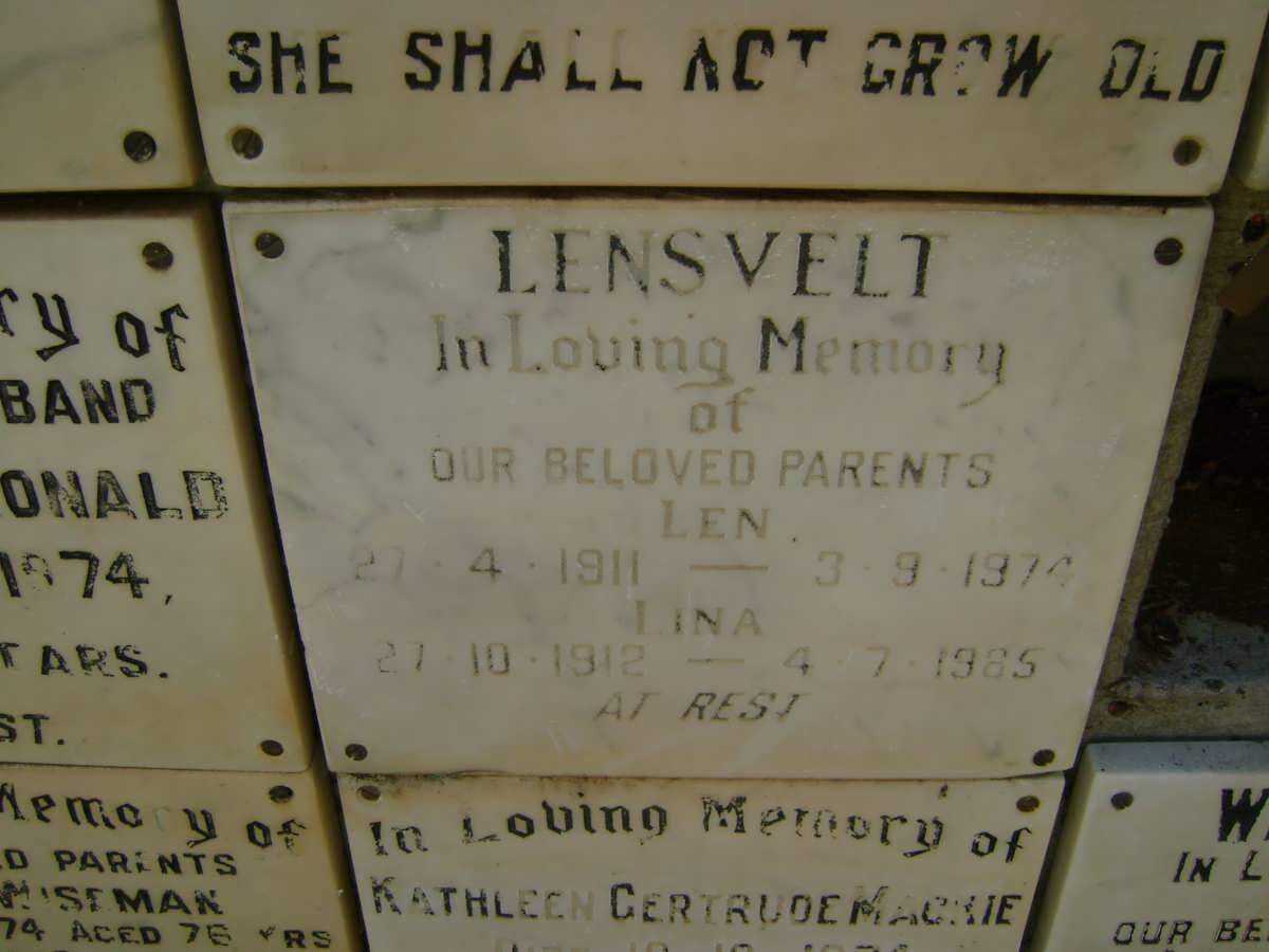 LENSVELT Len 1911-1974 &amp; Lina 1912-1985