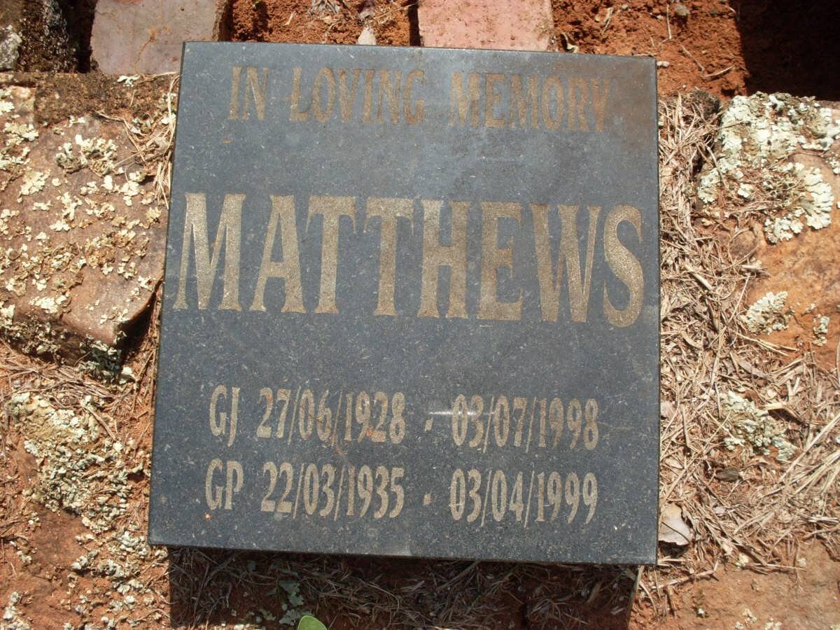 MATTHEWS G.J. 1928-1998 &amp; G.P. 1935-1999