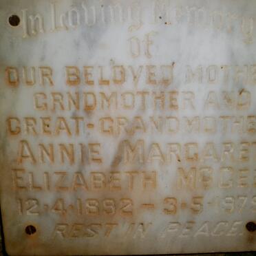 McGEE Annie Margaret Elizabeth 1892-1979