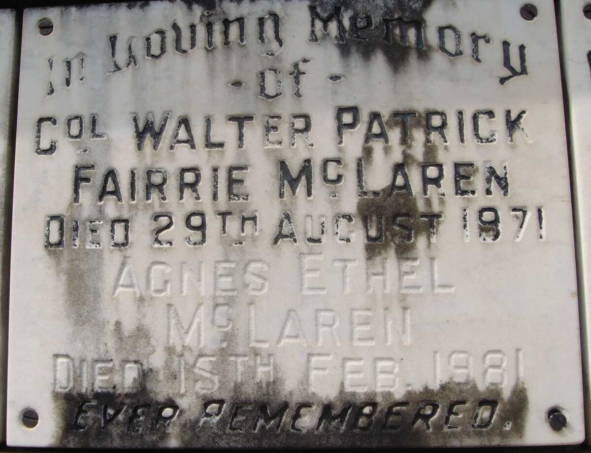McLAREN Walter Patrick Fairrie -1971 &amp; Agnes Ethel -1981
