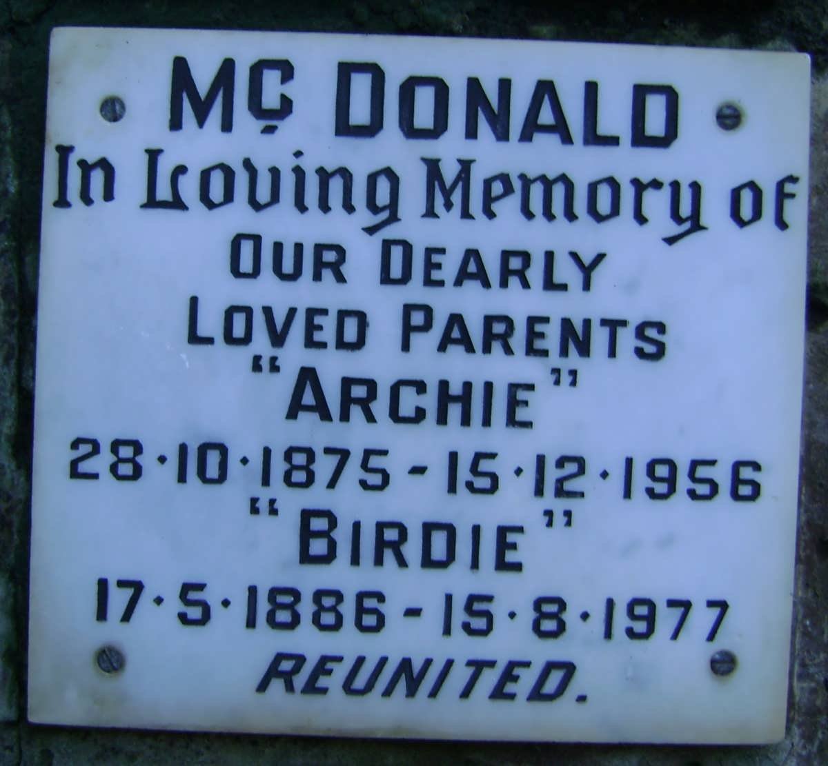 McDONALD Archie 1875-1956 &amp; Birdie 1886-1977