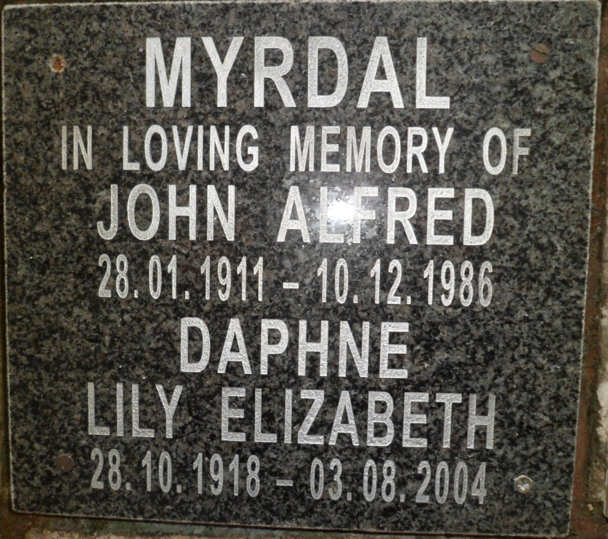 MYRDAL John Alfred 1911-1986 &amp; Daphne Lily Elizabeth 1918-2004