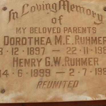 RUHMER Henry G.W. 1899-1988 &amp; Dorothea M.E. 1897-1983