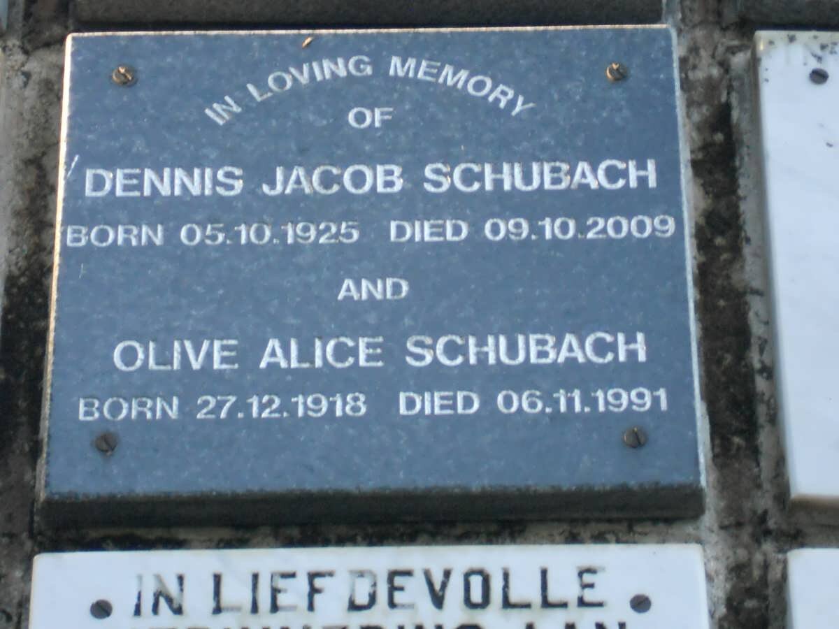 SCHUBACH Dennis Jacob 1925-2009 &amp; Olive Alice 1918-1991