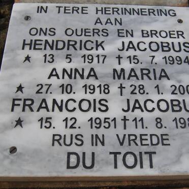 TOIT Hendrick Jacobus, du 1917-1994 &amp; Anna Maria 1918-2000 :: DU TOIT Francois Jacobus 1951-1988