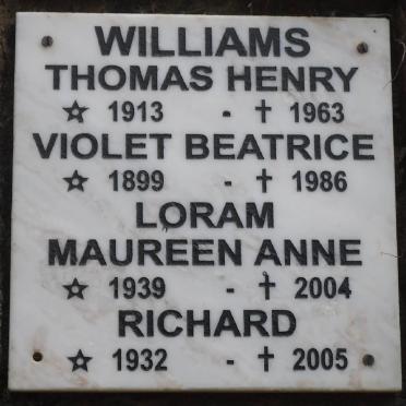 WILLIAMS Thomas Henry 1913-1963 ::  WILLIAMS Violet Beatrice 1899-1986 :: LORAM Richard 1932-2005 &amp; Maureen Anne 1939-2004