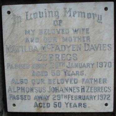 ZEBREGS Alphonsus Johannes H. -1972 &amp; Matilda McFadyen Davies -1970