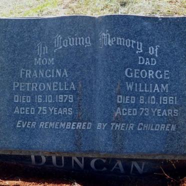 DUNCAN George William -1961 &amp; Francina Petronella -1979