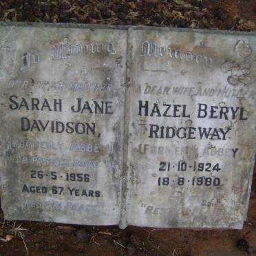 DAVIDSON Sarah Jane formerly ABBEY -1956 :: RIDGEWAY Hazel Beryl formerly ABBEY 1924-1980