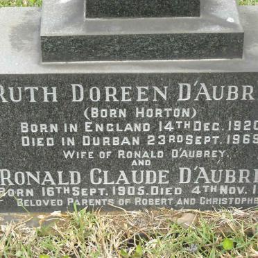 D'AUBREY Ronald Claude 1905-1989 &amp; Ruth Doreen HORTON 1920-1969