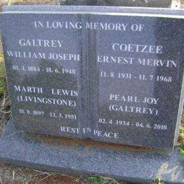 GALTREY William Joseph 1884-1948 &amp; Martha Lewis LIVINGSTONE 1897-1951 :: COETZEE Ernest Mervin 1931-1968 &amp; Pearl Joy GAL
