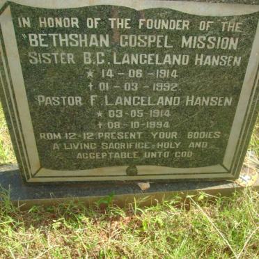 HANSEN F., LANGELAND 1914-1994 &amp; B.G. 1914-1992