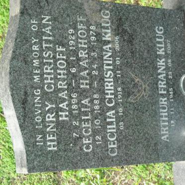 HAARHOFF  Henry Christian 1896-1929 &amp; Cecelia 1888-1978 :: KLUG Cecilia Christina 1918-2006 :: KLUG Arthur Frank 1945-2007 