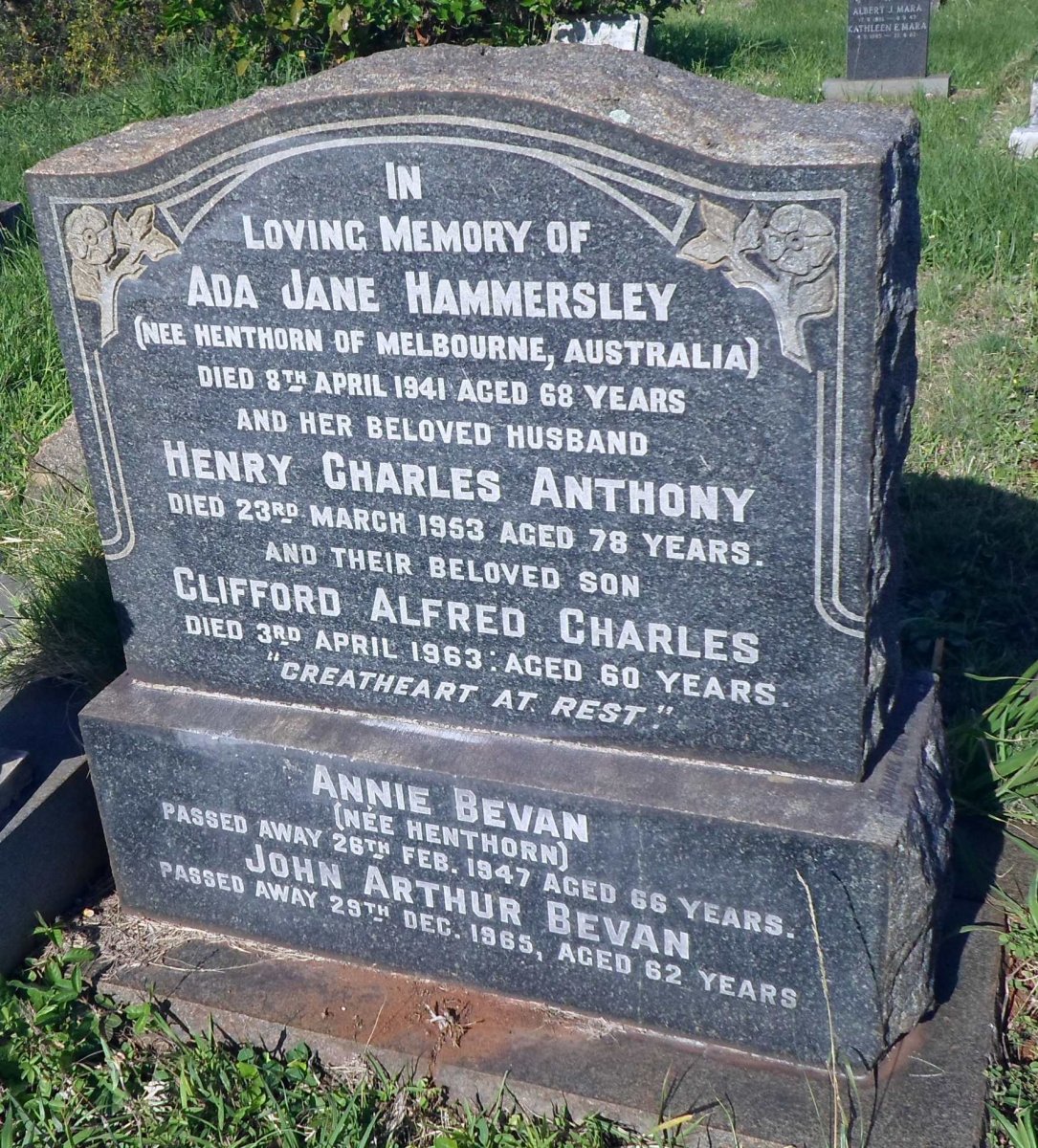 HAMMERSLEY Henry Charles Anthony -1953 &amp; Ada Jane HENTHORN -1941 :: HAMMERSLEY Clifford Alfred Charles -1963