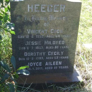 HEEGER Vincent Cecil -1952 &amp; Jessie Mildred -1953 :: HEEGER Dorothy Cecily -1983 :: HEEGER Joyce Aileen -2011