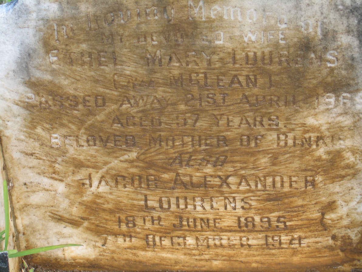 LOURENS Jacob Alexander 1895-1971 &amp; Ethel Mary McLEAN -1965