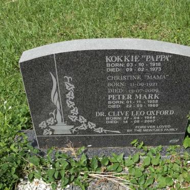 MEINTJIES Kokkie 1918-1973 &amp; Christine 1921-2009 :: MEINTJIES Peter Mark 1958-1960 :: OXFORD Clive Leo 1944-2007