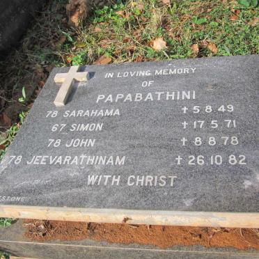 PAPABATHINI Sarahama -1949 :: PAPABATHINI Simon -1971 :: PAPABATHINI John -1978 :: PAPABATHINI Jeevarathinam -1982