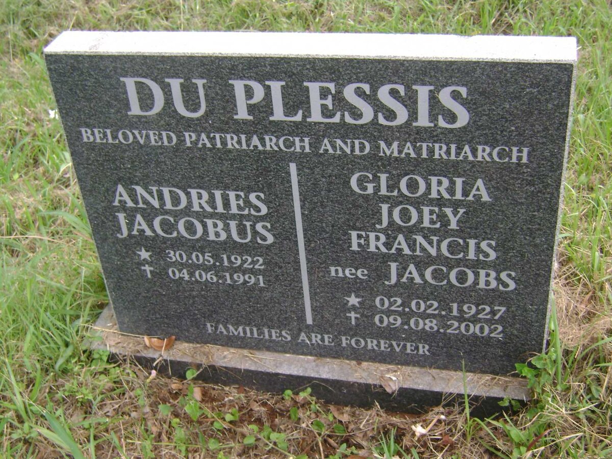PLESSIS Andries Jacobus, du 1922-1991 &amp; Gloria Joey Francis JACOBS 1927-2002