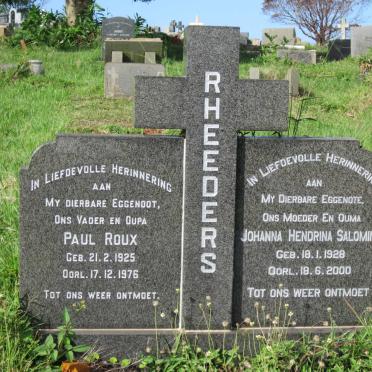 RHEEDERS Paul Roux 1925-1976 &amp; Johanna Hendrina Salomina 1928-2000