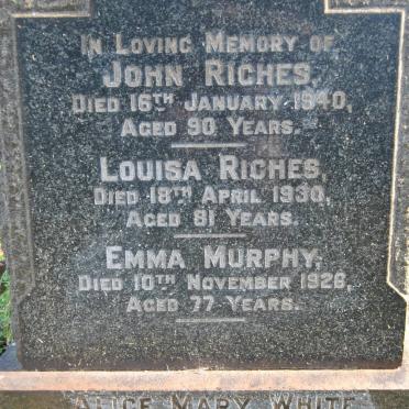 RICHES John -1940 &amp; Louisa -1930 :: MURPHY Emma -1926 :: WHITE Alice Mary nee RICHES -1946