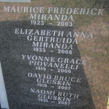 MIRANDA Maurice Frederick 1923-2003 :: MIRANDA Elizabeth Anna Gertruida 1933-2008 :: PIOVANELLI Yvonne Grace 1919-2006