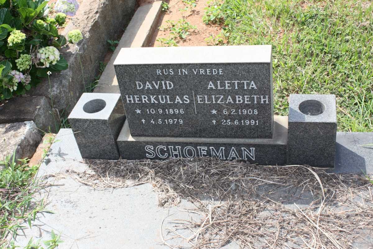 SCHOEMAN David Herkulas 1896-1979 &amp; Aletta Elizabeth 1908-1991