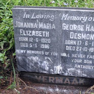 VERMAAK George Harry Desmond 1919-1986 &amp; Johanna Maria Elizabeth 1920-1986