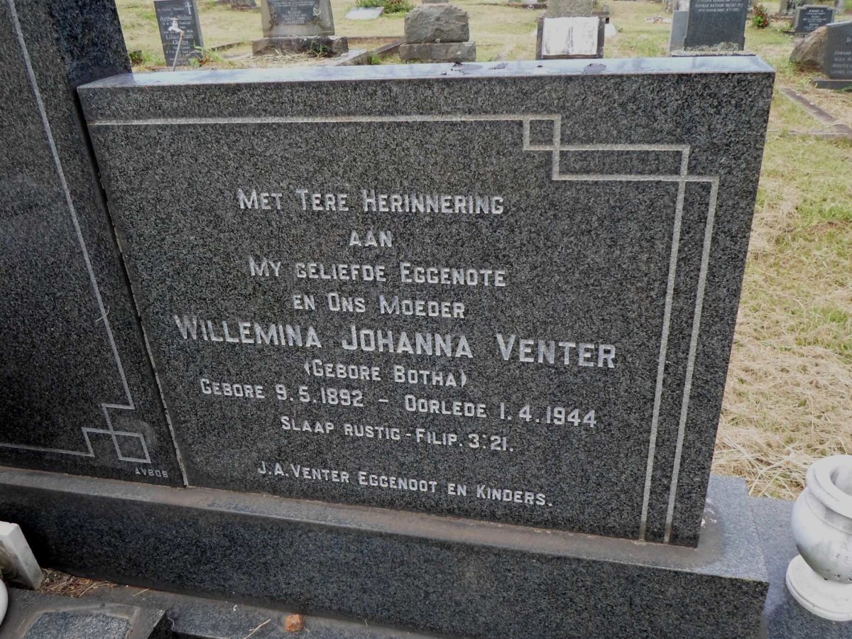 VENTER Willemina Johanna nee BOTHA 1892-1944