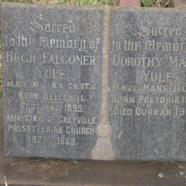 YULE Hugh Falconer 1895-1969 &amp; Dorothy Maud MANSFIELD 1896-1978