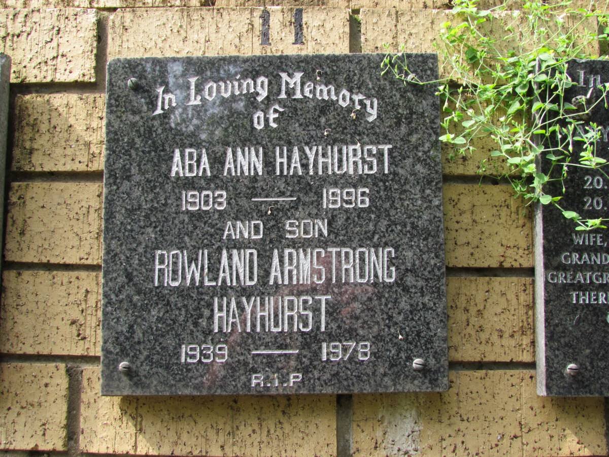HAYHURST Rowland Armstron 1939-1978 &amp; Aba Ann 1903-1996