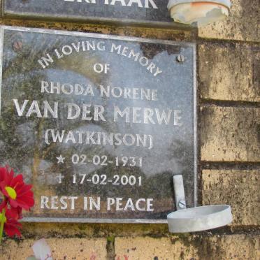 MERWE Rhoda Norene, van der nee WATKINSON 1931-2001