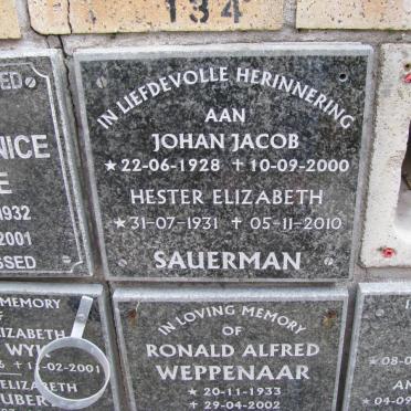 SAUERMAN Johan Jacob 1928-2000 &amp; Hester Elizabeth 1931-2010