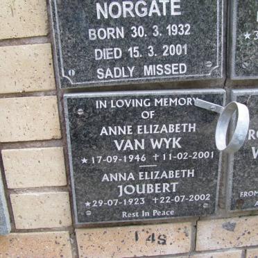 WYK  Anne Elizabeth, van 1946-2001 Anna Elizabeth JOUBERT 1923-2002