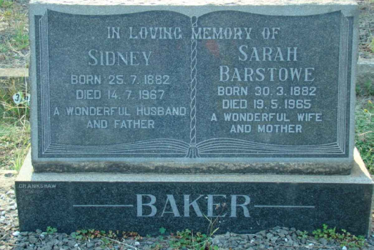 BAKER Sidney 1882-1967 &amp; Sarah Barstowe 1882-1965