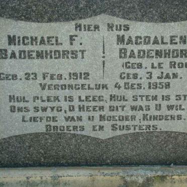 BADENHORST Michael F. 1912-1958 &amp; Magdalena J. LE ROUX 1919-1958