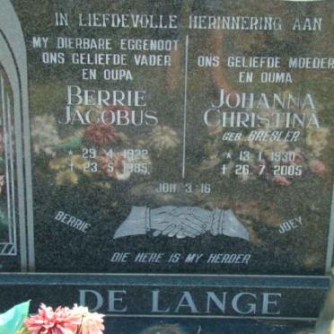 LANGE Berrie Jacobus, de 1922-1985 &amp; Johanna Christina BRESLER 1930-2005
