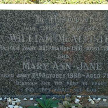 McALLISTER William -1916 &amp; Mary Ann Jane -1960