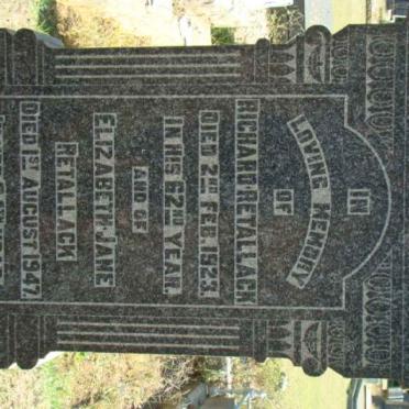 RETALLACK Richard -1923 &amp; Elizabeth Jane -1947