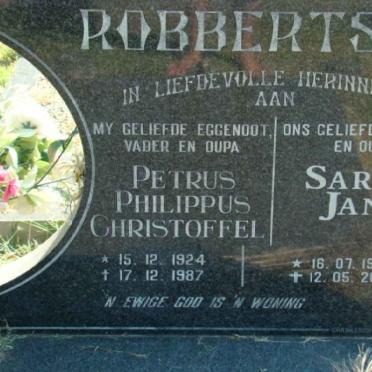 ROBBERTS Petrus Philippus Christoffel 1924-1987 &amp; Sarah Jane 1932-2000
