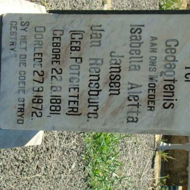 RENSBURG Isabella Aletta, Jansen van nee POTGIETER 1881-1972 :: JANSEN VAN RENSBURG Susanna 1915-1928 