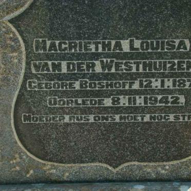 WESTHUIZEN Magrietha Louisa, van der nee BOSHOFF 1871-1942